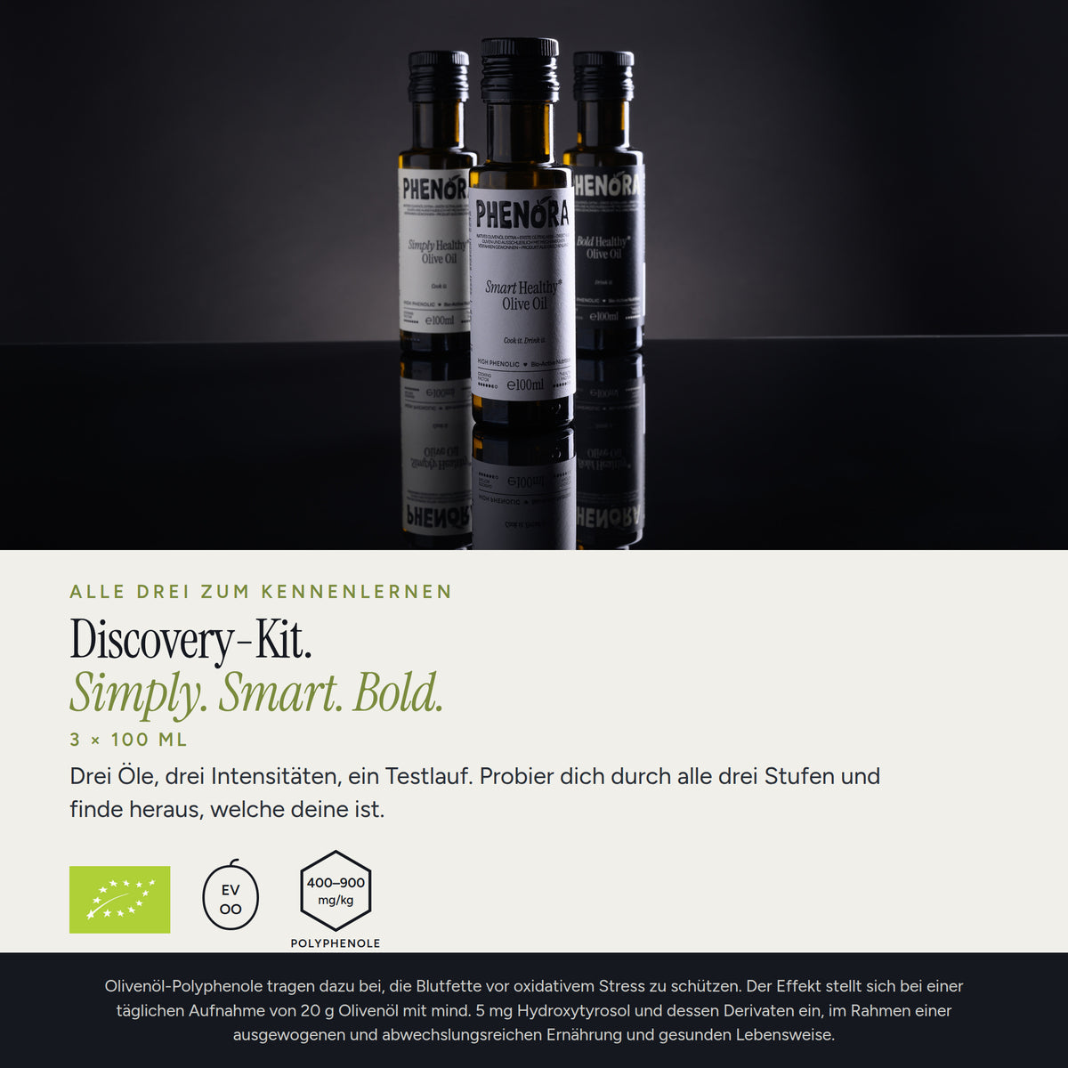 Phenora Discovery-Kit – Simply, Smart und Bold als 3 × 100 ml zum Kennenlernen aller drei Polyphenol-Stufen