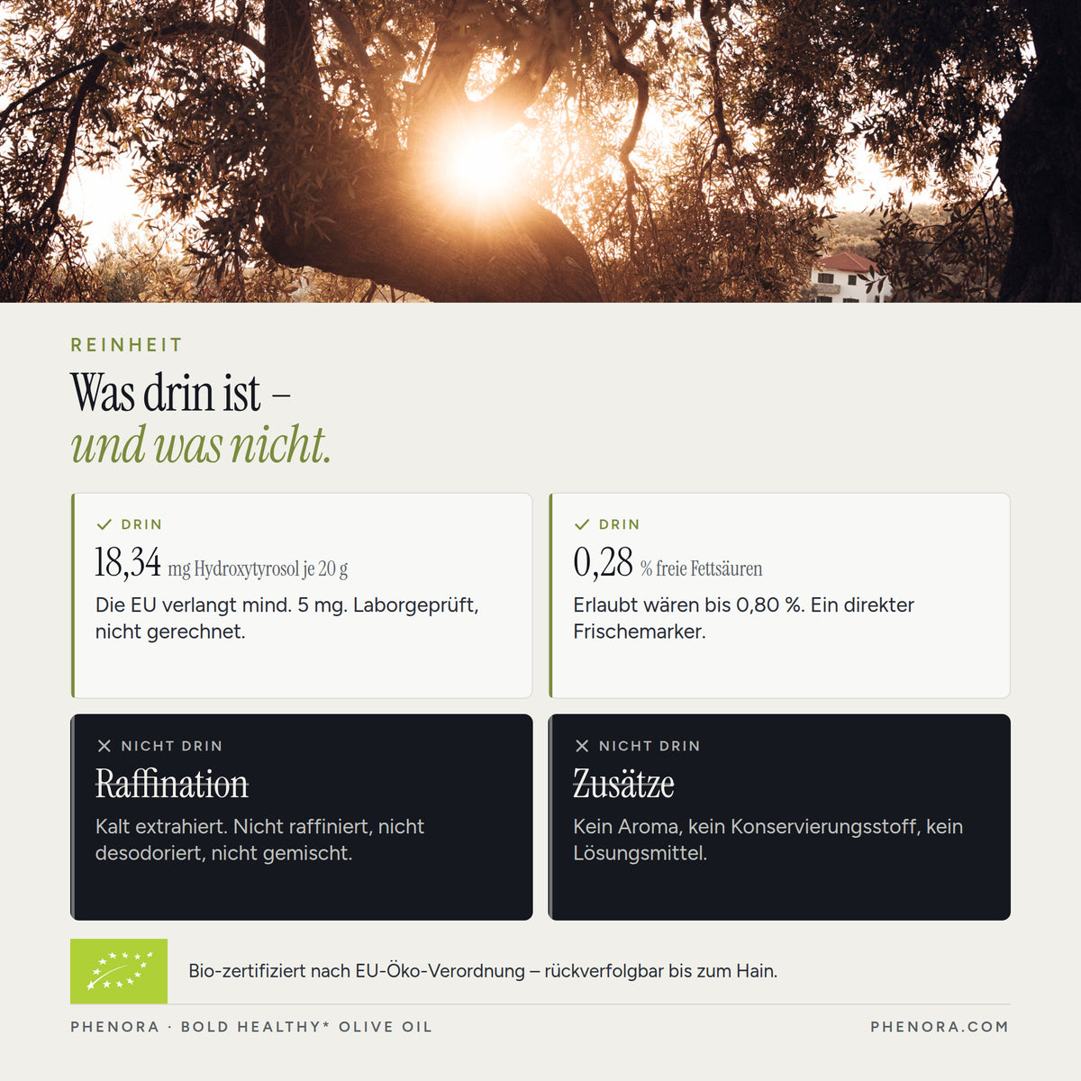 Reinheit von Phenora BOLD: 18,34 mg Hydroxytyrosol je 20 g, 0,28 Prozent freie Fettsäuren, keine Zusätze