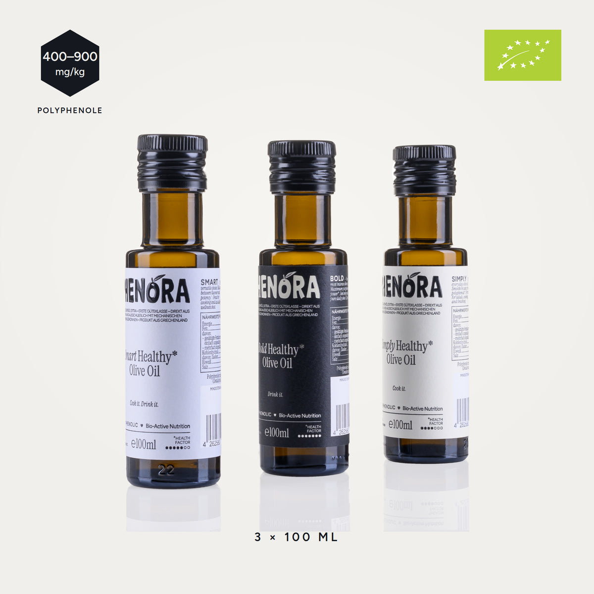 Phenora Discovery-Kit – die drei 100-ml-Flaschen mit den Etikett-Rückseiten. Bio, 400 bis über 900 mg/kg Olivenöl-Polyphenole