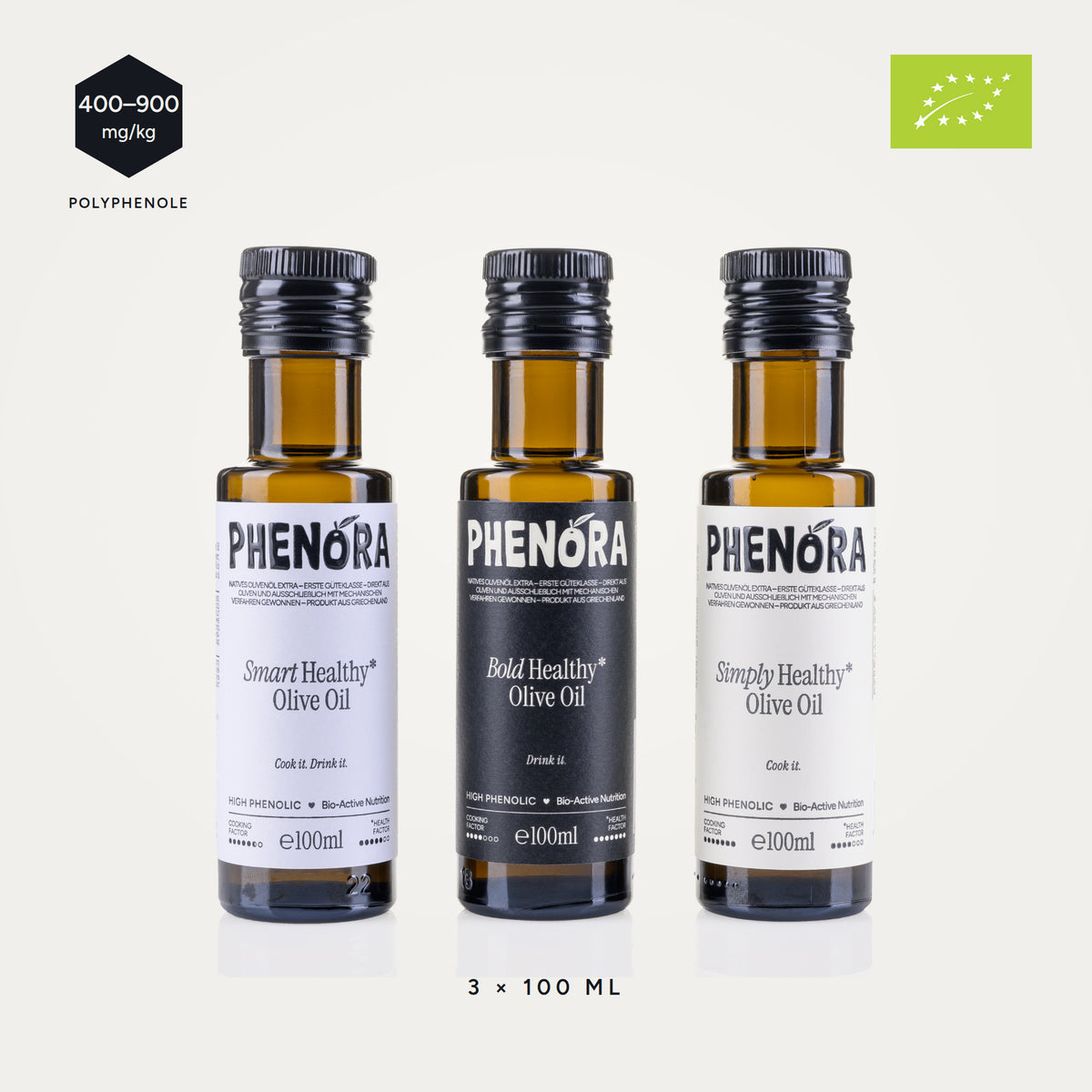 Phenora Discovery-Kit – Simply, Smart und Bold als 3 × 100 ml. Bio, 400 bis über 900 mg/kg Olivenöl-Polyphenole